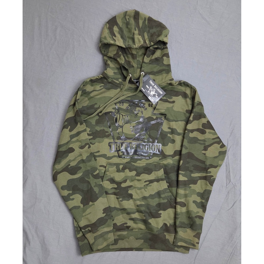 NWT True Religion Small Green Camo Foil Buddha Pullover Hoodie Kangaroo Pocket
